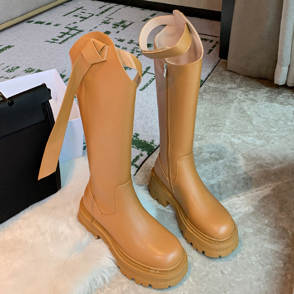 genuine Women's leather thick sole platform flats winter knee high warm plush belt punk long snow boots shoes for women 81a1