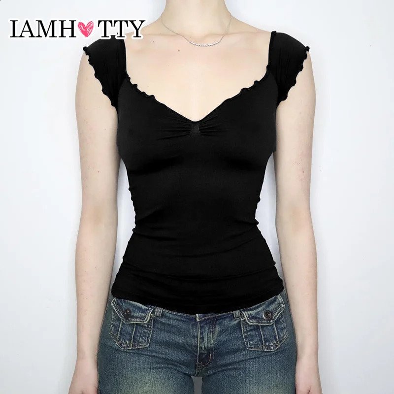 IAMTY fashionable and elegant deep V-neck vest womens French slim fit vest retro streetwear casual basic vest 240914