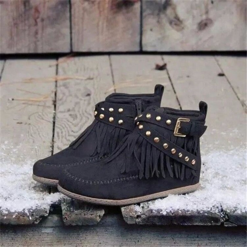 Tassel Retro Women's Boots Side Zipper Rivets Short Botas 2023 Winter New Flat Shoes Comfort Round Toe Non-slip Suede Ankle Boot d4ad