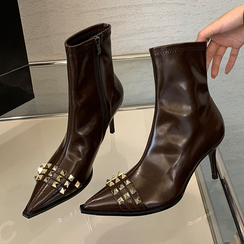 New Fashion Rivet Footwear Ankle Elastic For Women Zippers Female Pointed Toe Ladies Short Boots With Heels Shoes