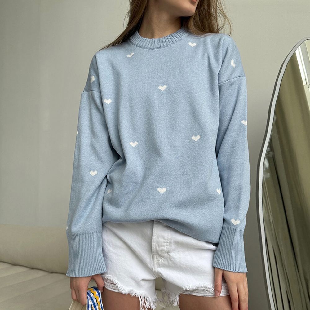 Heart Knitted Printing Solid Sweater Long Sleeve Women Round Neck Casual Ribbed Knitting Pullover Tops Office Ladies 2024 Fashion