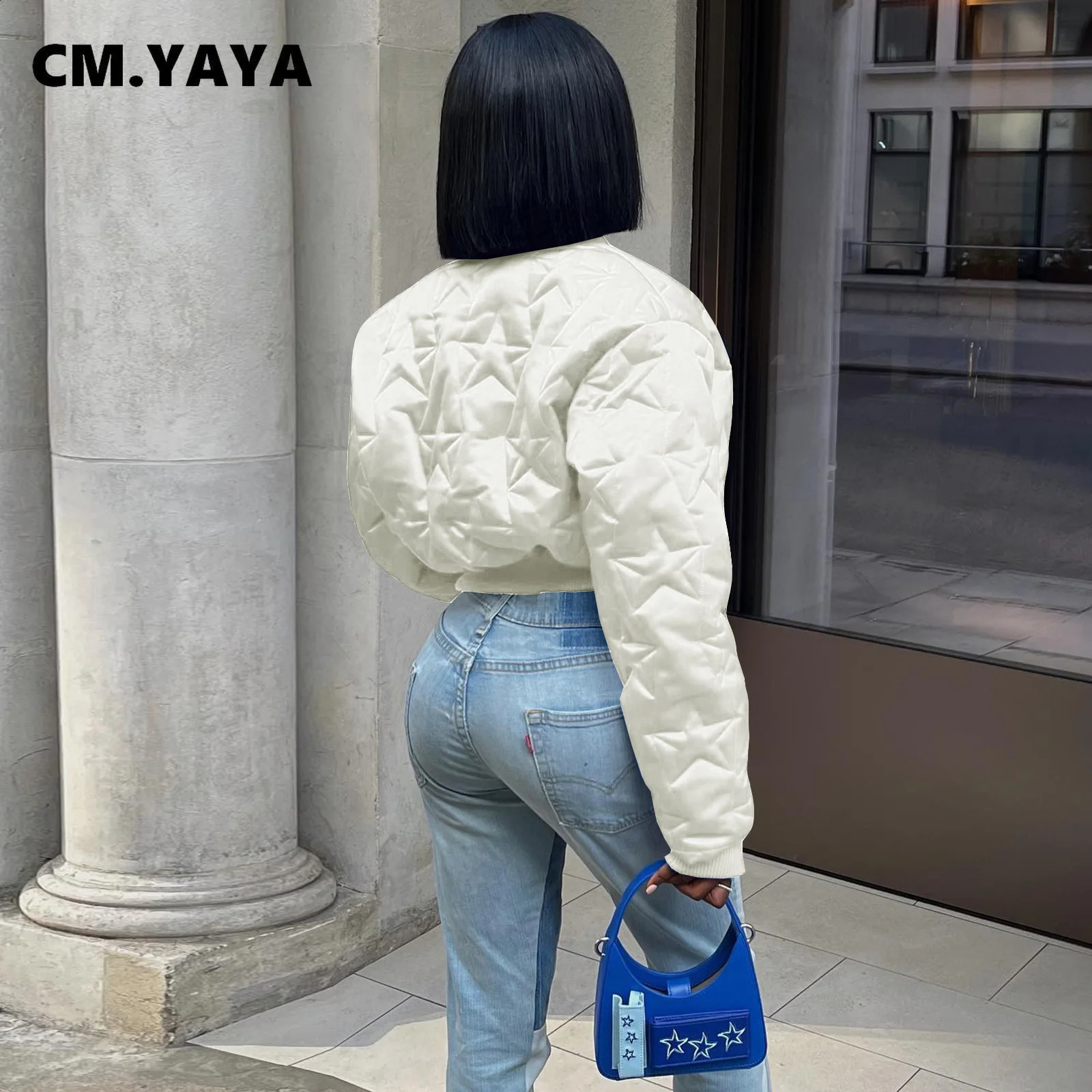 CM.YAYA Women Long Sleeve Star Zipper Fly Baseball Style Parkas Jackets Autumn Winter Keep Warm Outcoats Jacket 240914