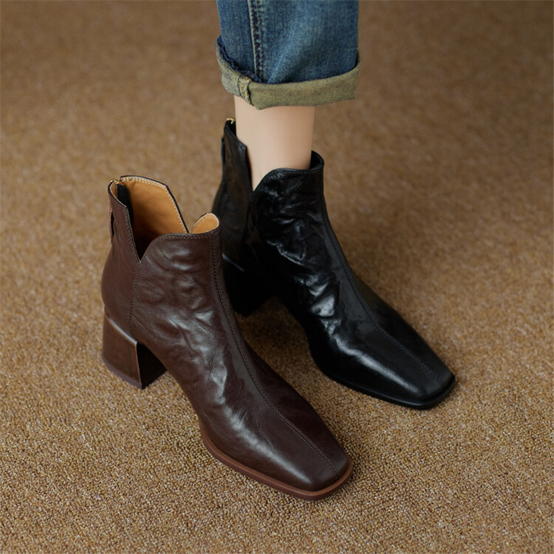 NEW Autumn Winter Genuine Leather Boot Fashion Short Boots Square Toe Chunky Shoes for Women High Heels Botas De Mujer