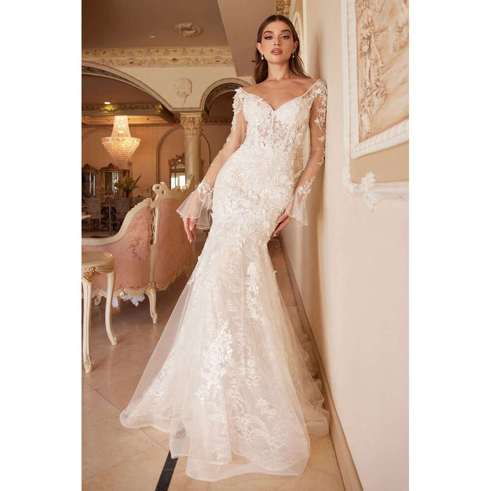 Newest Dresses Mermaid V-Neck Appliques Lace Long Sleeve Backless or-Length Princess Bride Wedding Dress Custom Made