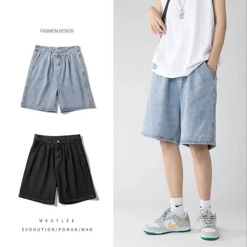 Summer Thin Baggy Denim Shorts Men Solid Color Casual Loose Blue Black Knee-length Wide Pants Male Short Jeans StreetwearX240914