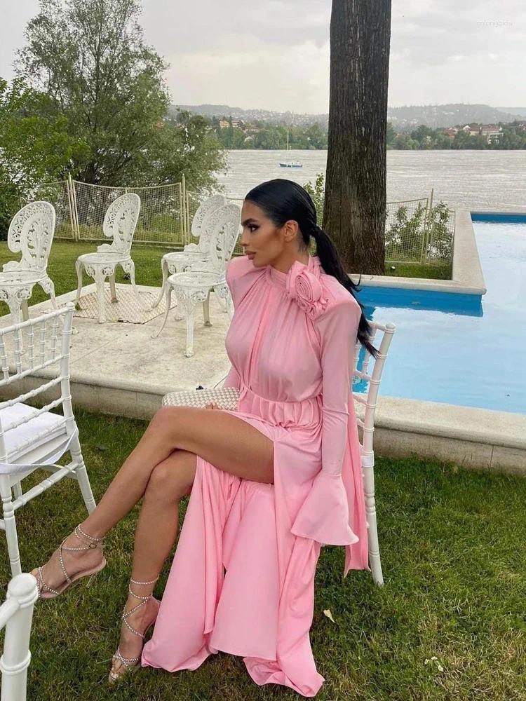 Casual Dresses XIZOU Spliced Appliques Ruched For Women Half High Collar Flare Sleeve Waist Split Thigh Solid Dress Female Cloth