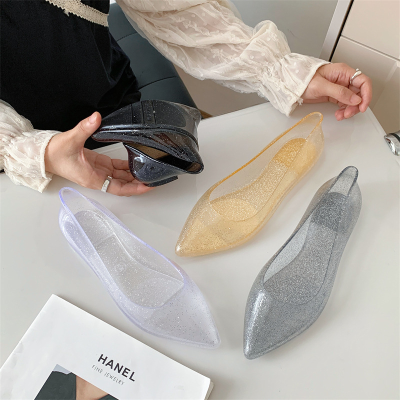Crystal Shallow Mouth Pointed Single Shoes Casual PVC Jelly Flats Fashion Waterproof Versatile Summer Sandales Femme Mocasines