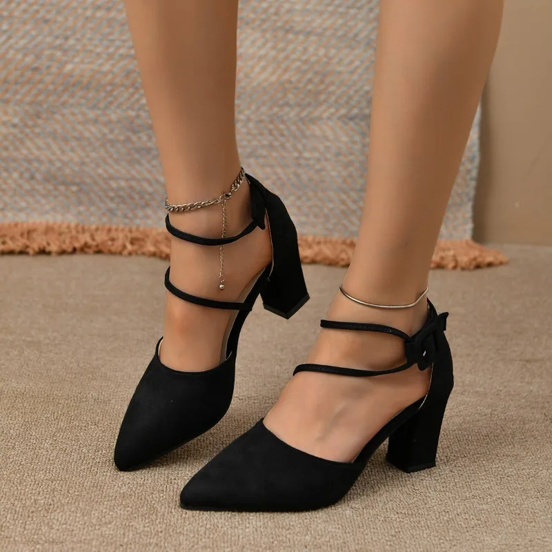2025 new for Women Spring New Ladies Pointed Toe High Heels Comfortable Chunky Heel Pumps Simple and Elegant Black Dress Shoes d715