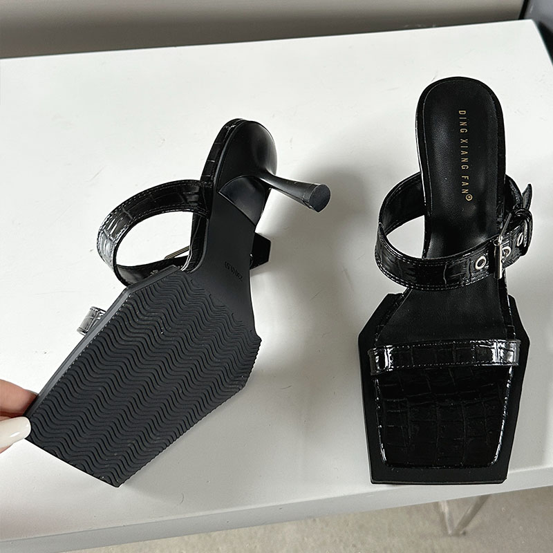 2025 new Pumps Female Slides Footwear Metal Buckle Women New In Fashion Square Toe Ladies High Heels Shoes Slippers ad65