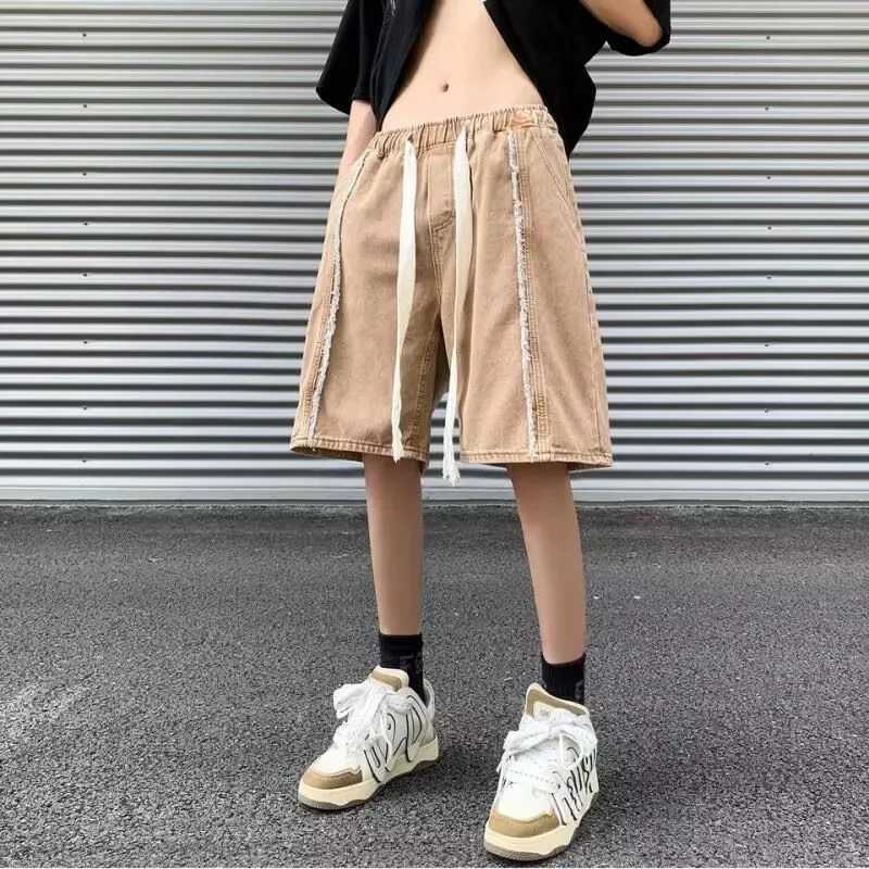 American Style High Street Denim Shorts For Men Trendy Design Sensibility Elastic Waist Casual Style Mid Waist Over Knee JeansX240914