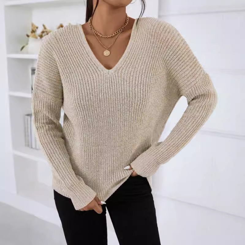 dongdumaoyi New women's style V-neck sweater fashionable long sleeved knitted sweater loose solid color knitted top F0914#42