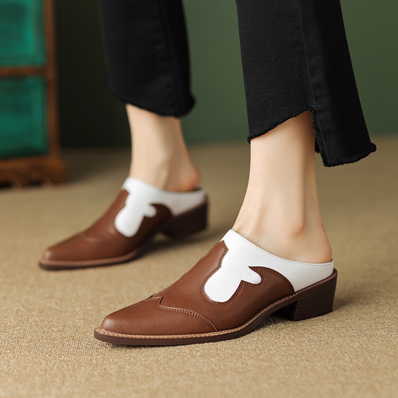 Covered New Summer Toe Slippers Chunky Heel Mules Split Leather for Women Sgback Sandals Handmade Shoes 8823