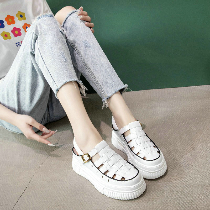 Inner Increasing Roman Sandals Female 2024 Summer New Woven Shoes Female Cowhide Leather Thick Sole Baotou Sandals