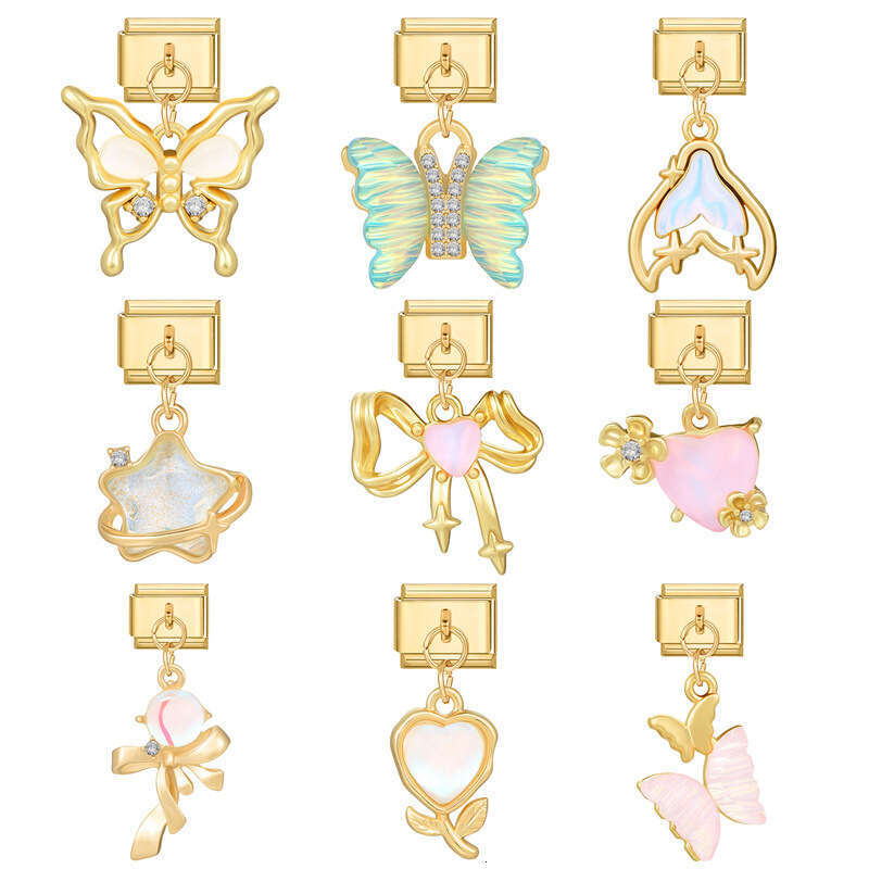 New Women's Gift Gold butterfly pink heart with CZ Pendant Italian Charms Links Bangle Beads Fit 9mm Stainless Steel Bracelet Making DIY For Wome