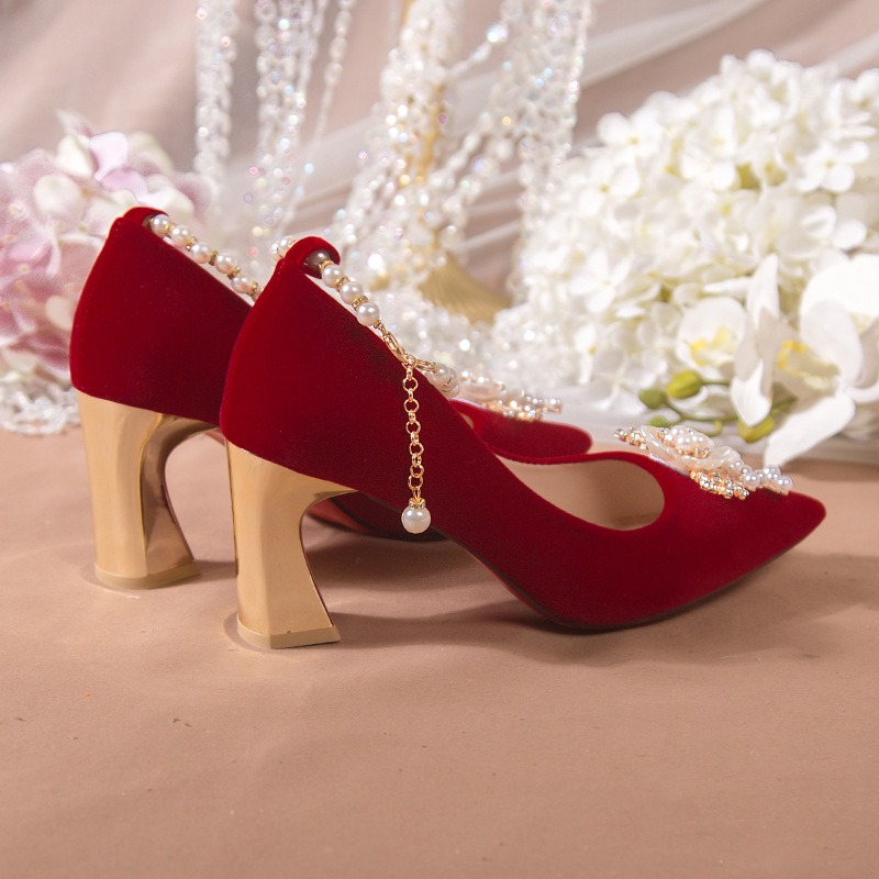 2025 new Pearl Women High Heels Pumps Pointed Toe Stilettos Femme Sexy Ladies Wedding Red Shoes 43e0