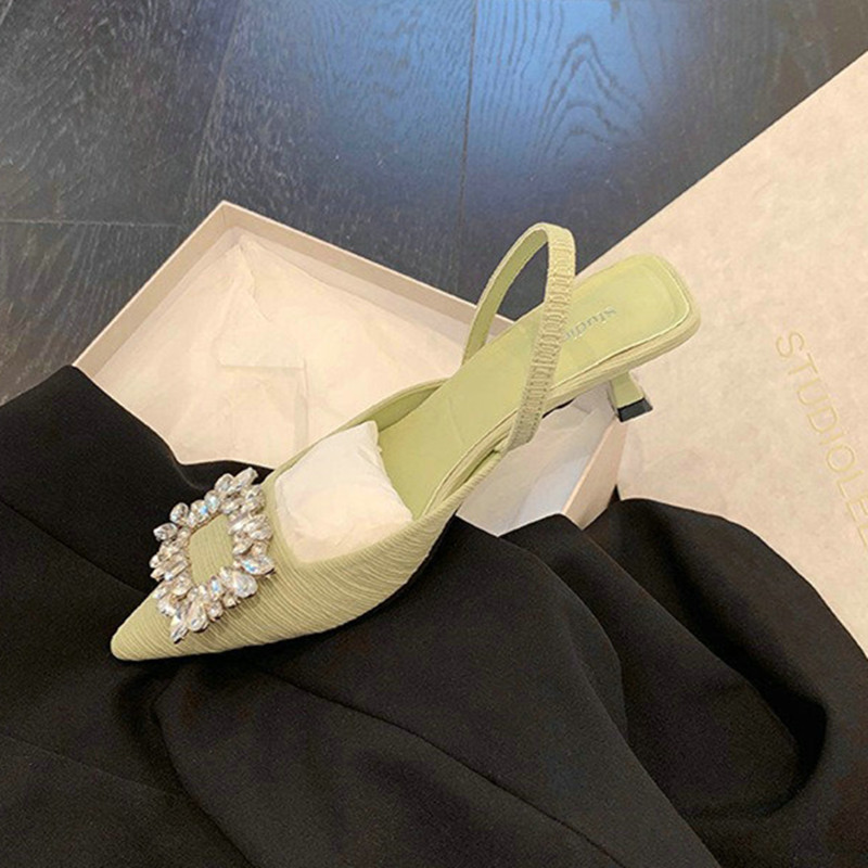 Summer 2024 New Square Crystal New Buckle Rhinester Pointed Head High Heel Women's One-e Belt Baotou Sandals 0829