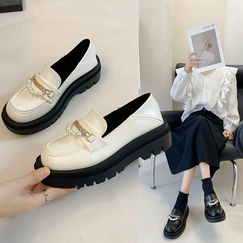 Shoes Women's Platform Modis Metal Chain British Style Oxfords Casual Female Sneakers Shallow Mouth Loafers With Fur Round Toe C e19d