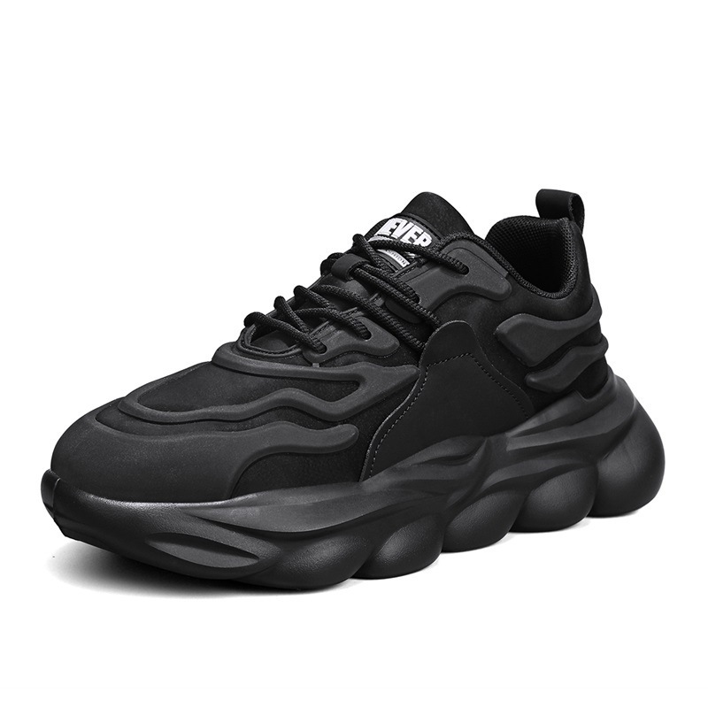 Student plush sports thick seasonal leather surface casual single shoes, pure black Korean version lace up dad shoes