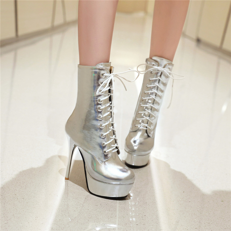 Ankle Fashio Women Platform Sexy High Heels Short Boots Gold Sier Pink Lace Up Fetish Party Shoes Woman Large Size a74e