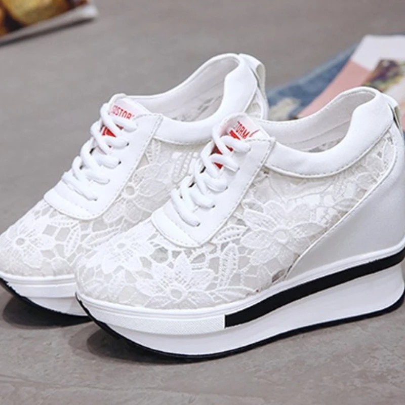 Womens Wedge Heel Mesh Sneakers Women's Shoes Thick Sole Sneakers Breathable Casual Shoes Lace Up Height Increasing White Tenis