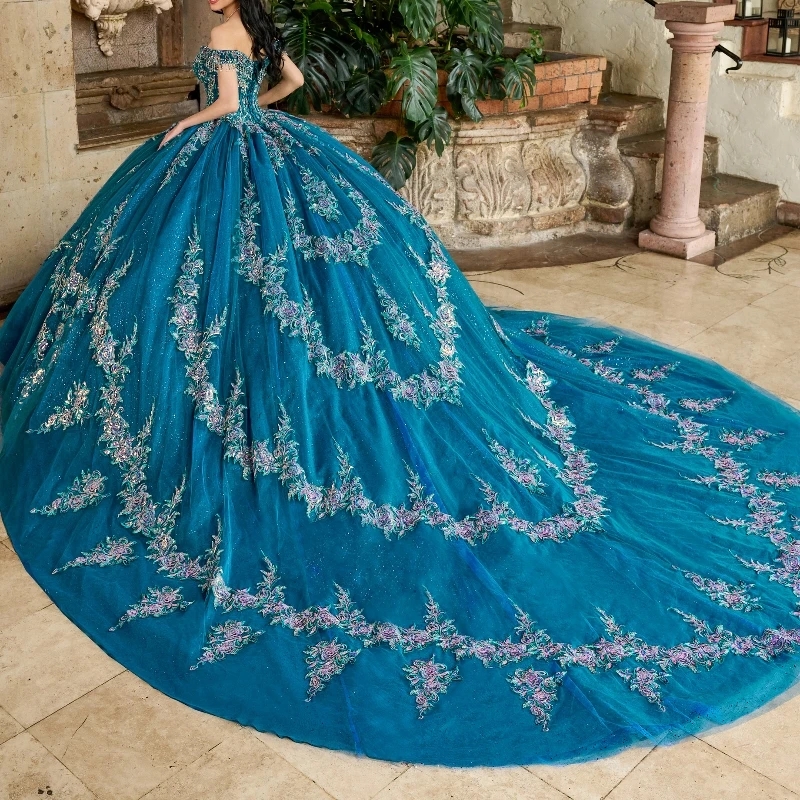 Sea Blue Princess Quinceanera Dresses Off Shoulder Lace Applique Beading Crystal Tull Corset Sweet 16 Dress Birthday Party Vestidos De 15 Anos
