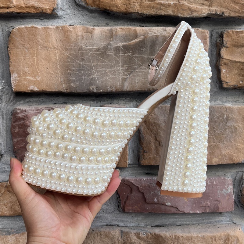 Brand Handmade Inlaid Pearls/rhinestones Sandals Wedding Bride Party Bownot Nightclub Steel Pipe Dance High-heeled Shoes Size 42
