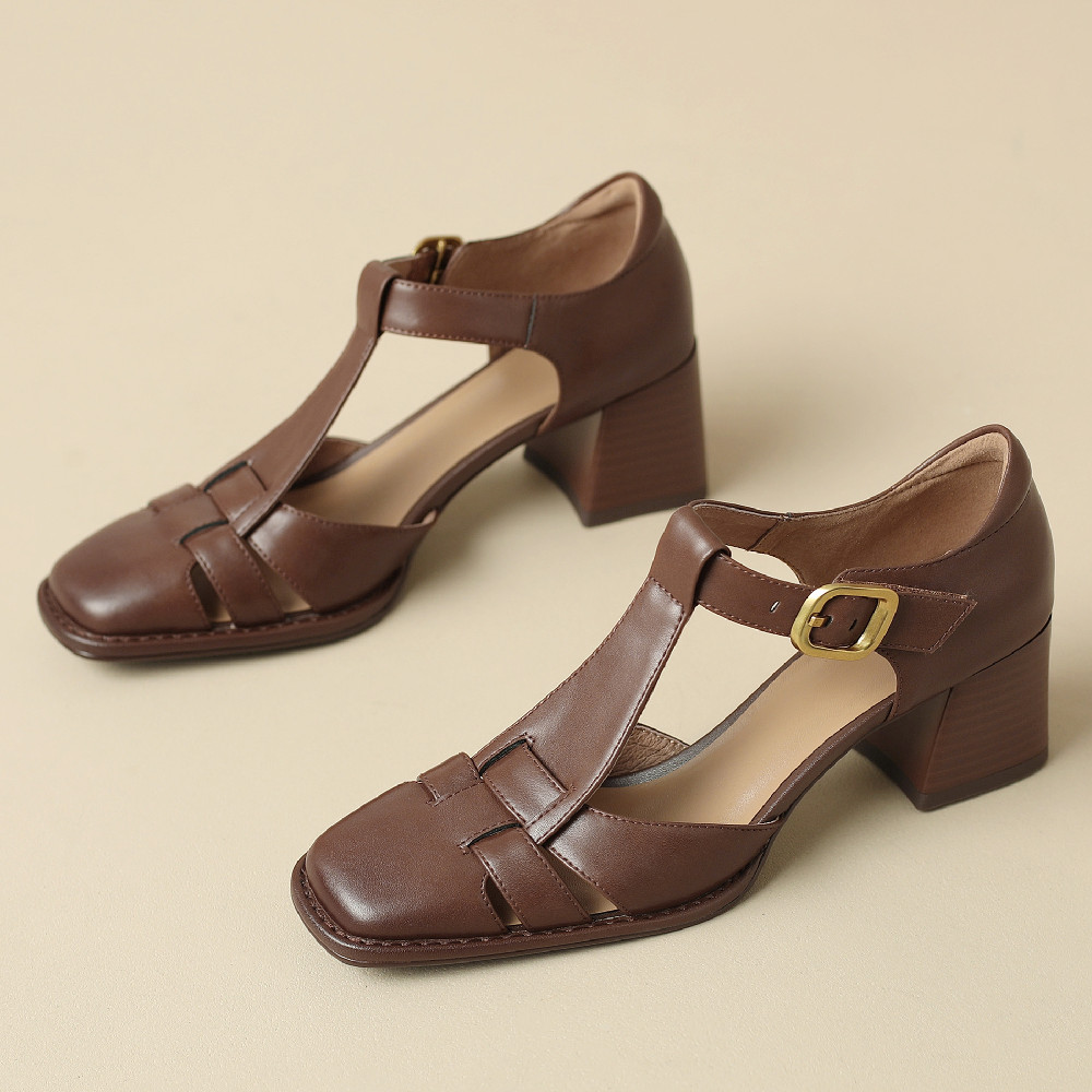 Women's Genuine Leather T-Strap Sandals Plus Size 34-42 | Casual Pumps