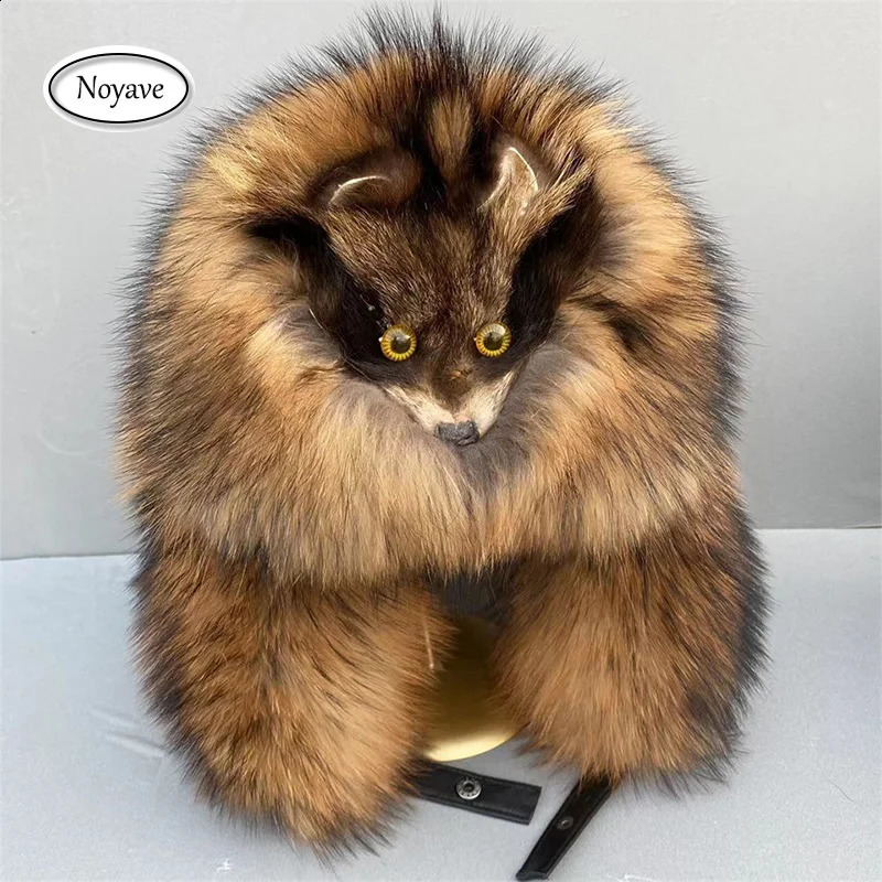 100% Real Fur Raccoon Fox Skin Russian Hats Pilot Bombers Full Mao Mens hat Ushanka Winter Ear Guard Hat Raccoon Fur Beanie Hat 240906