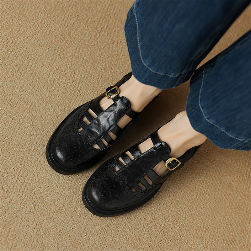 New Summer Sheepskin Women Shoes Round Toe Hollow Out Women Pumps Low Heel Brogue Designs Loafers Shoes for Women Ladies Shoes