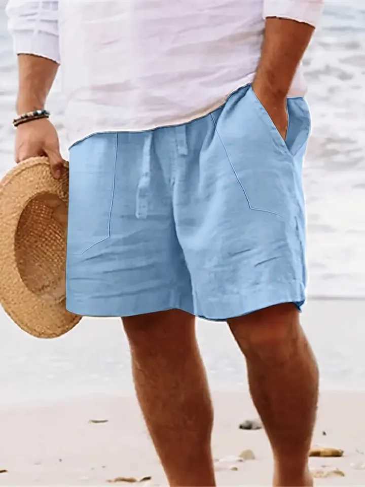 Mens summer cotton and linen shorts draw rope tight waist straight leg pure color breathable daily beach five casual pants Y240914