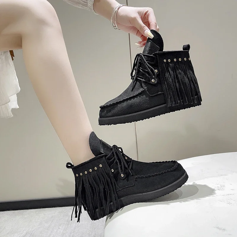 Vintage Tassel Lace-up Ankle for Women Autumn Winter Pointed Toe Cowgirl Woman Suede Western Cowboy Boots 222f