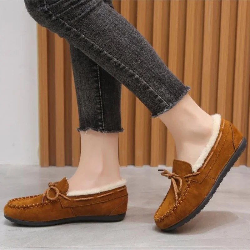 Winter Women Casual Flat Women's Moccasins Soft Loafers Fashion Comfort Warm Plush Bow Slip on Female Cotton Shoes b68b