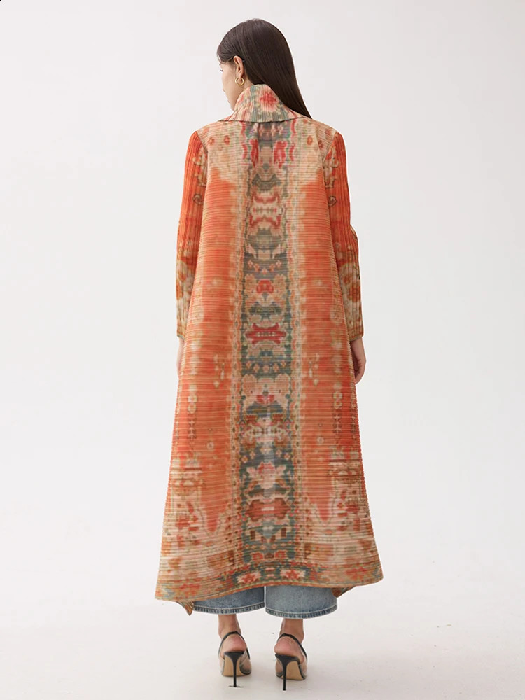 Miyake Pleated Vintage Printed Turndown Collar Long Sleeve Jacket Women Abaya Dubai Style Plus Size Coats 240913