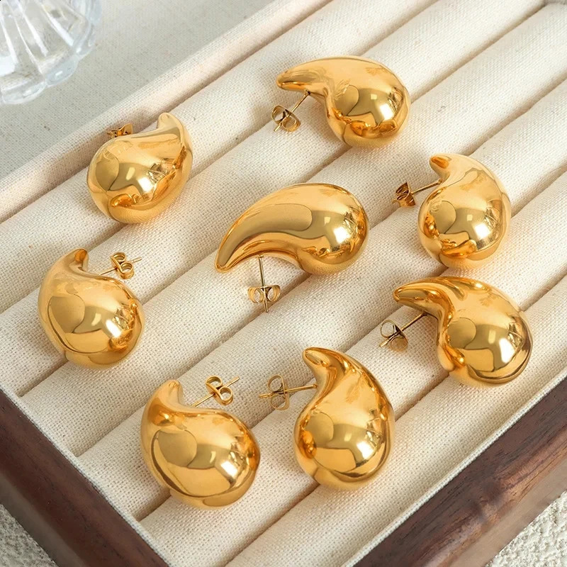 Vintage Glossy Waterdrop Dangle Earrings for Women Lightweight Hollow Thick Teardrop Gold Color Chunky Hoops Fashion Jewelry 240914