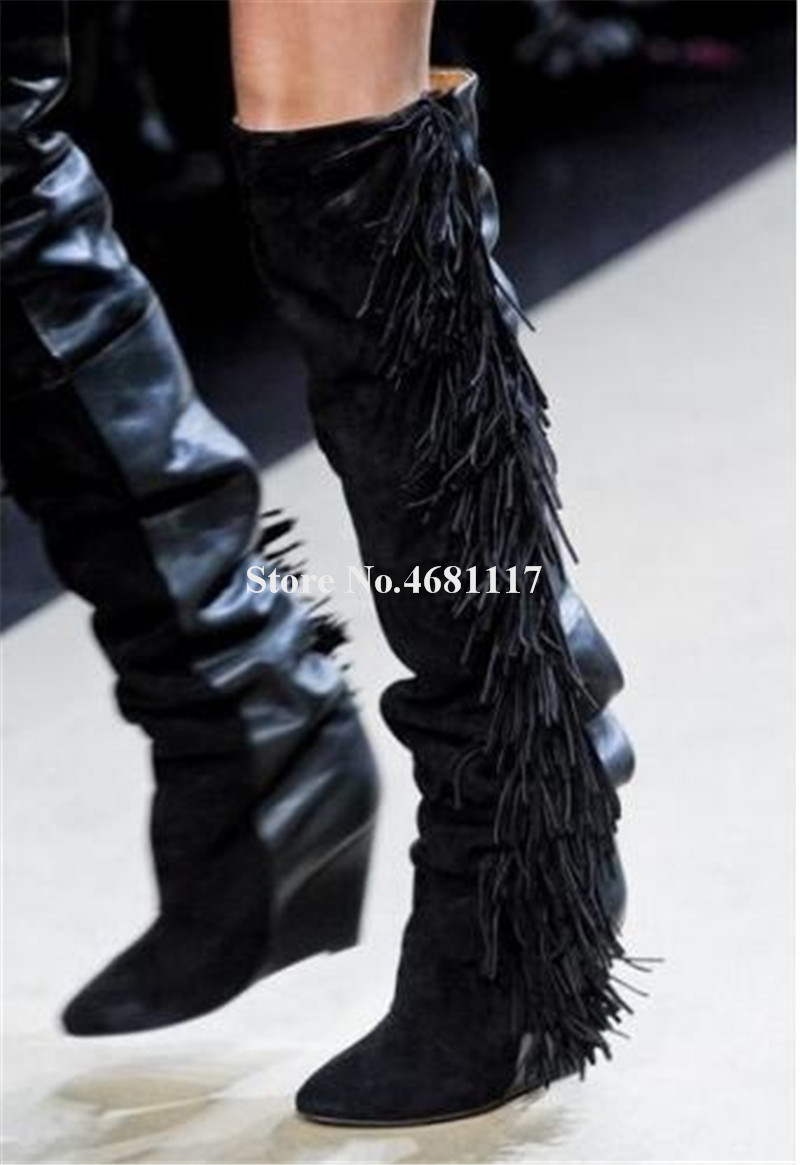Women Elegant Boots Charming Pointed Toe Suede Leather Tassels Knee High Wedge Black Grey Beige Side Fringes Long Wedge Boots