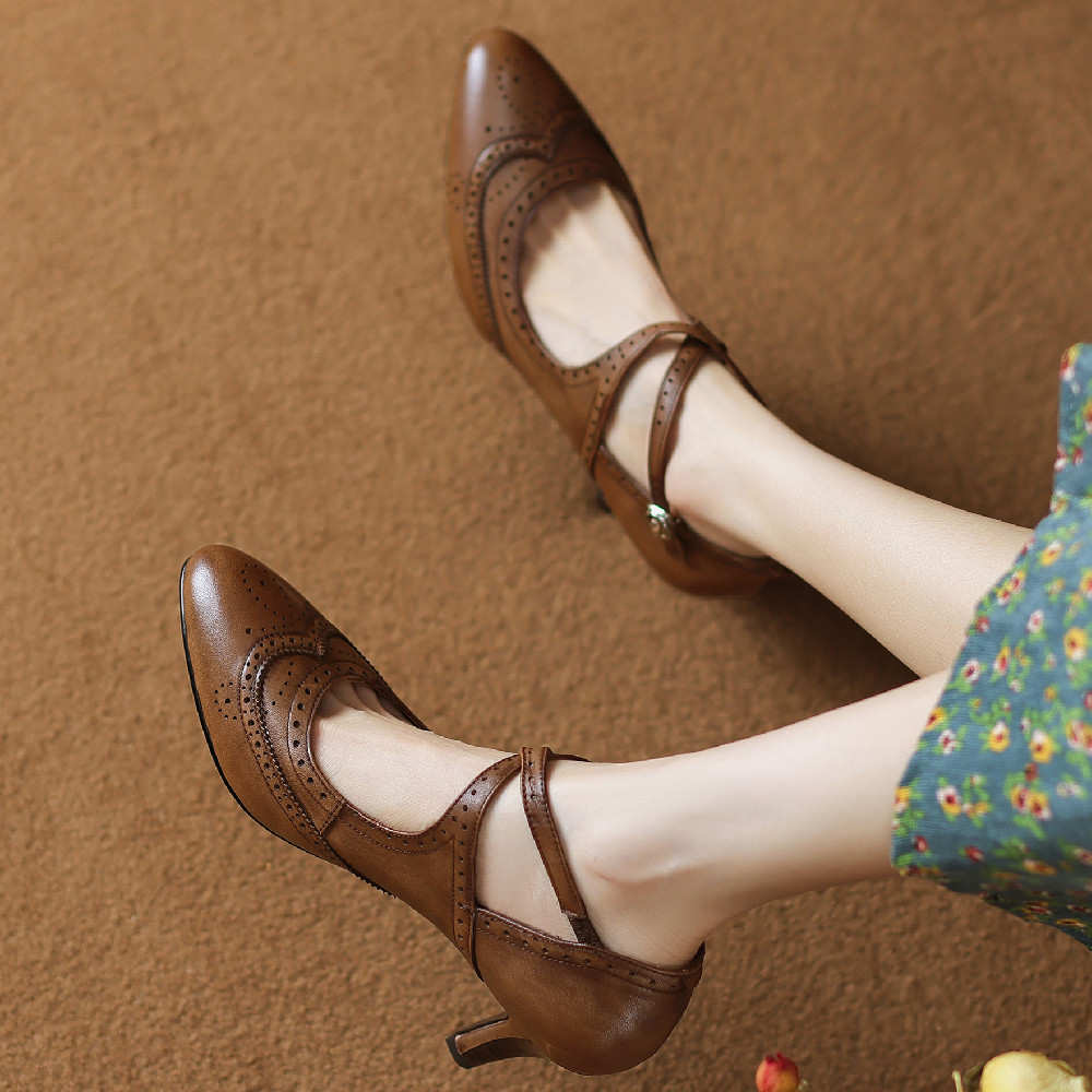Women's genuine leather thin high heel cross strap carving british style elegant ladies retro daily slim dress pumps shoes