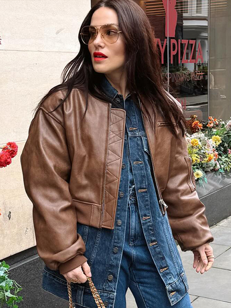 Casual Solid Leather Bomber Jacket For Women O-Neck Zipped Pockets Long Sleeve Loose Coat Female Autumn New Fashion Lady Coats