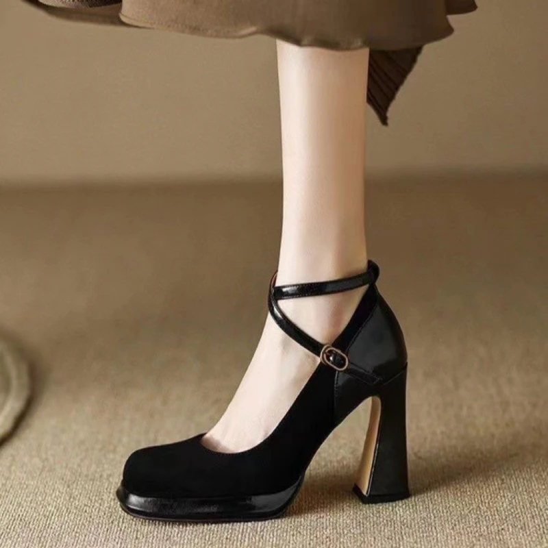 New Vintage Super High Heels New Women Ankle Buckle Platform Pumps Woman Round Toe Chunky Heeled Shoes 8143