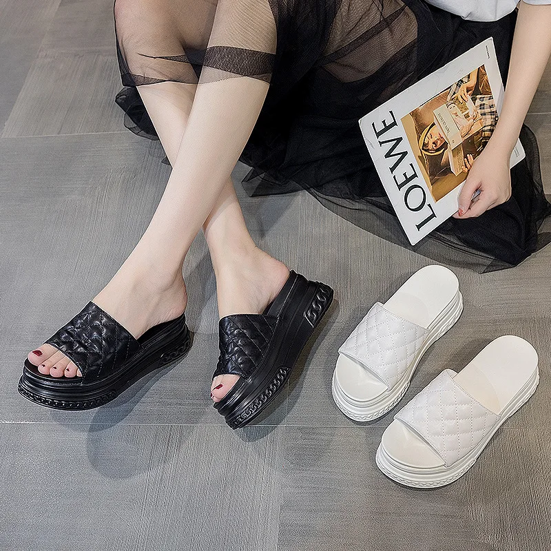 7cm Platform Slippers Wedge Shoes Beach Genuine Leather Women Summer Shoes Breathable Slides Beach Shoes Black Summer