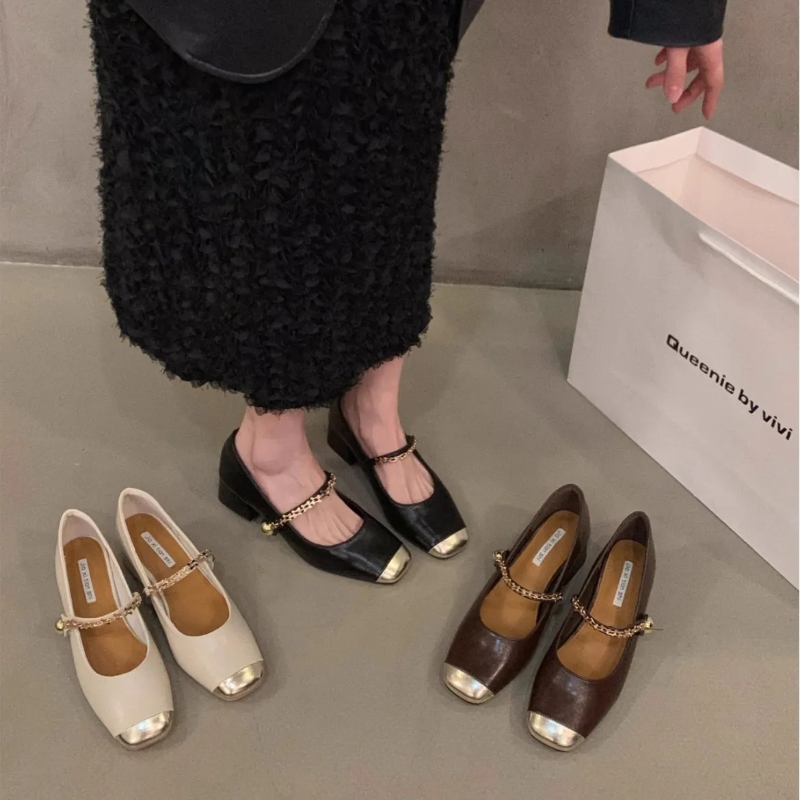 Simple square head thick temperament single 2024 spring fashion patchwork with New skirt shoes