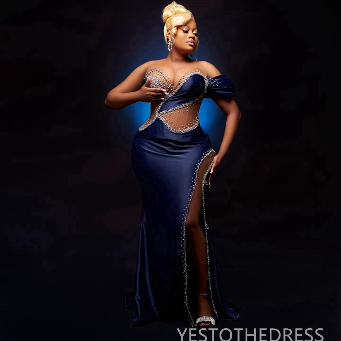 2024 Plus Size Navy Prom Dress Evening Dresses Mermaid Illusion Formal Gown Sheer Neck Side Split Beaded Birthday Dress Second Reception Gowns Abendkl