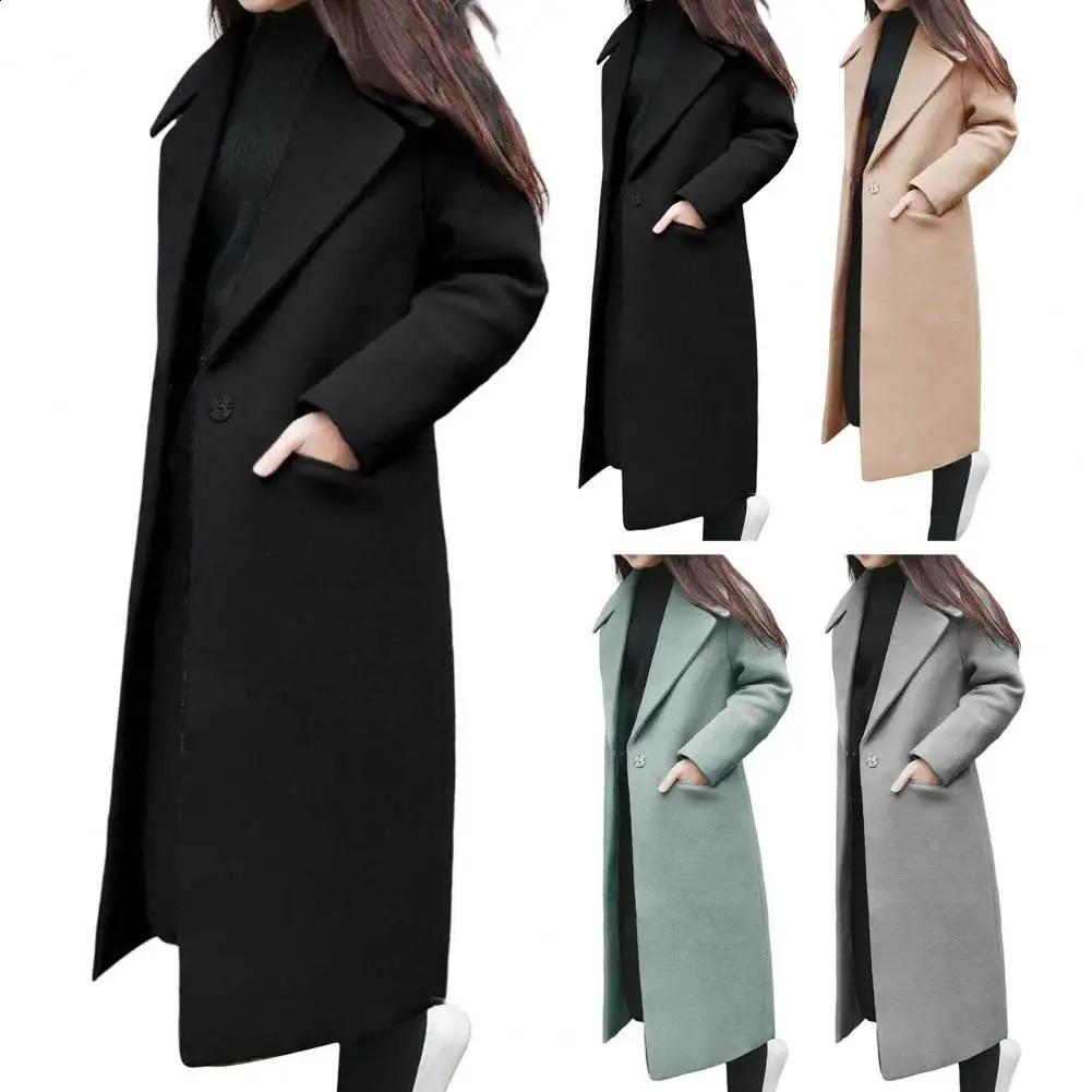 Women Winter Wool Coat Solid Color Cardigan Pockets Outerwear Thermal Single Button Elegant Overcoat Female Clothes For Dating 240905