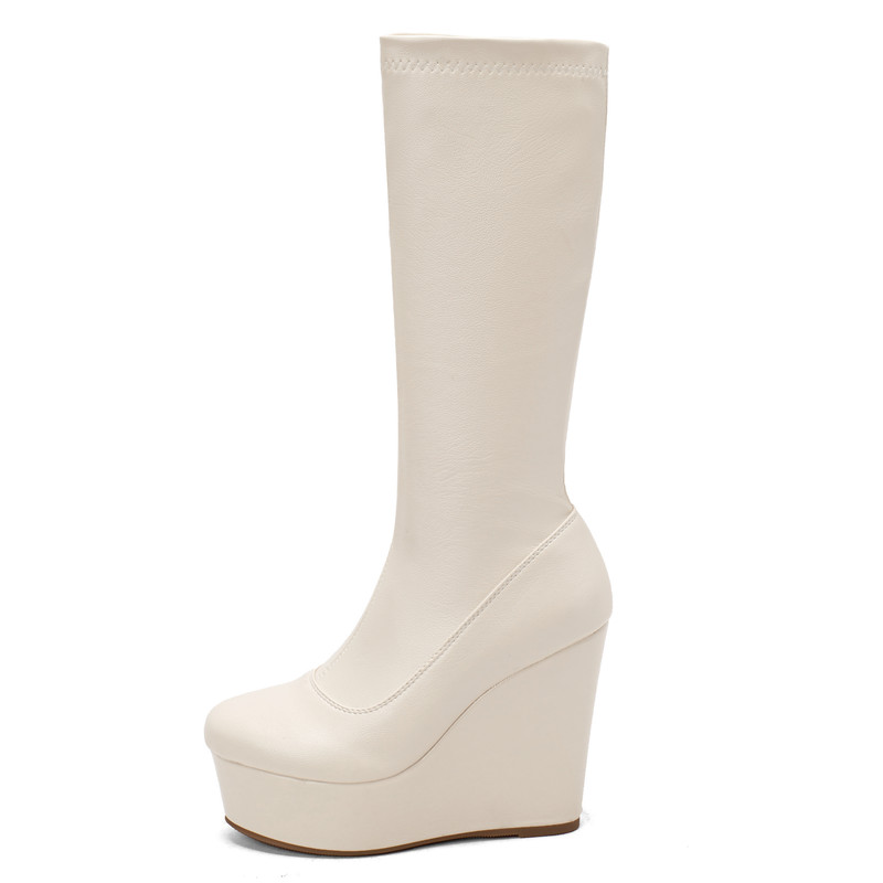 Woman Wedge Knee Boots Platform Heels Black White Elastic Thigh High Boot Autumn Winter Party Shoes Ladies Large Size dfc2