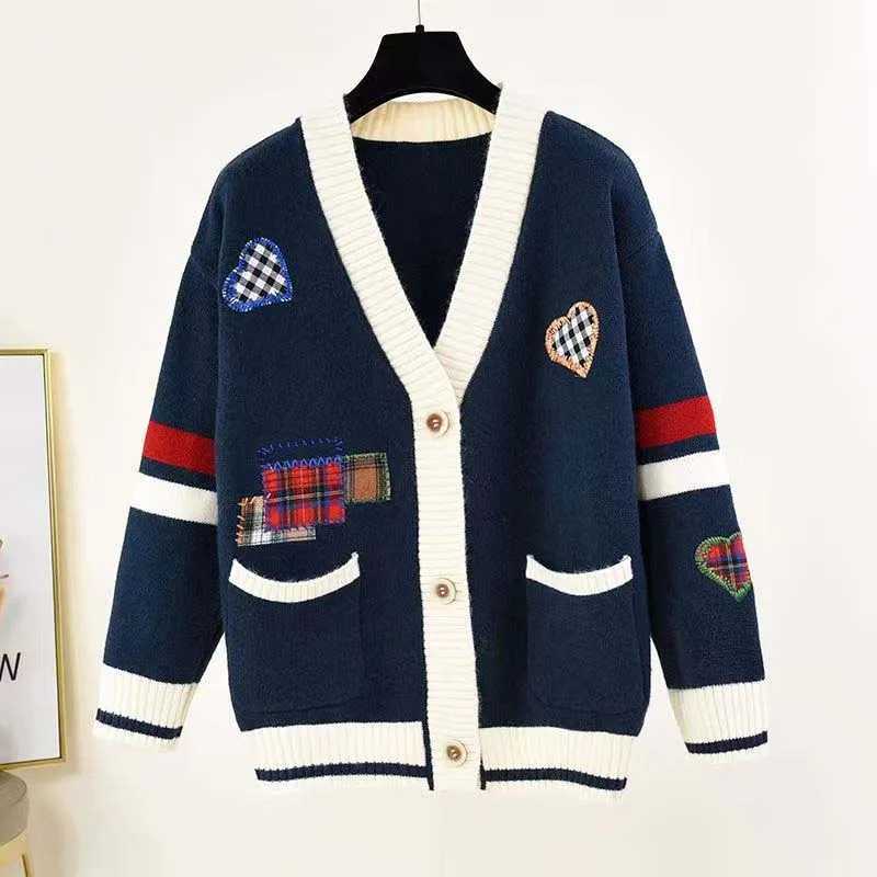V-neck Love Patch Color-block Knit Cardigan For Men And Women Spring And Autumn Loose Slim Versatile Casual Sweater Jacket M240914