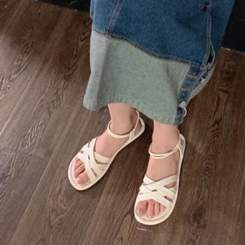 Summer Flat Women Beach Casual Cross Peep Toe Ladies Sandales Shoes Woman Black Sandals Roman Footwaer Sandalias Mujer 0664