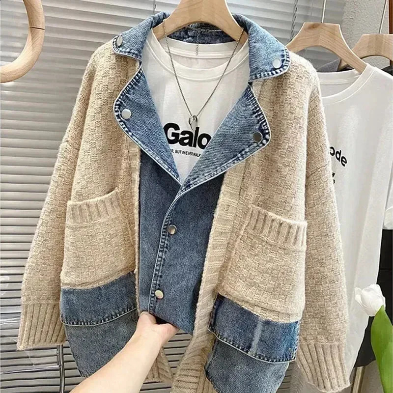 Autumn Winter Women Splicing Denim Jacket Arrivals Stitched Loose Thickened Knitted Sweater Coat Long Sleeve Cardigan Top D46 240904