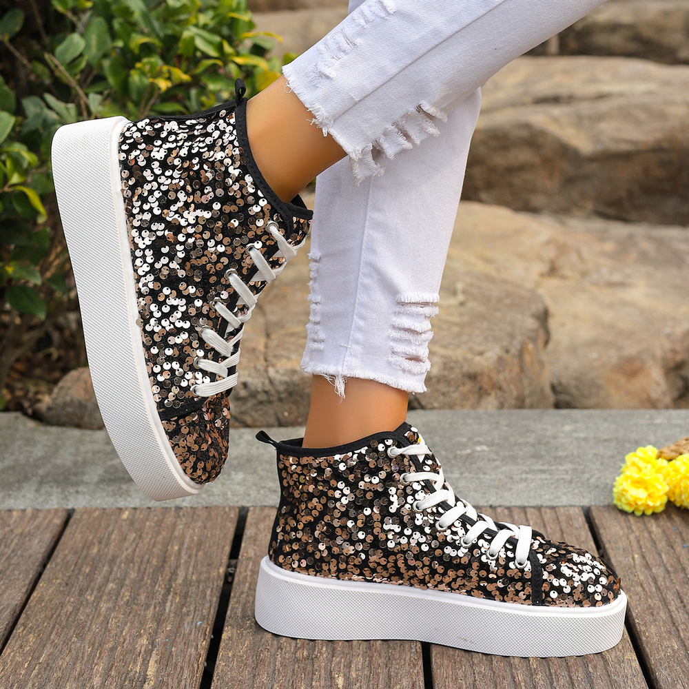 Female High-top Canvas Fashion Student Golden Sequins Platform Vulcanized Casual Running Sneakers Women Flat Shoes