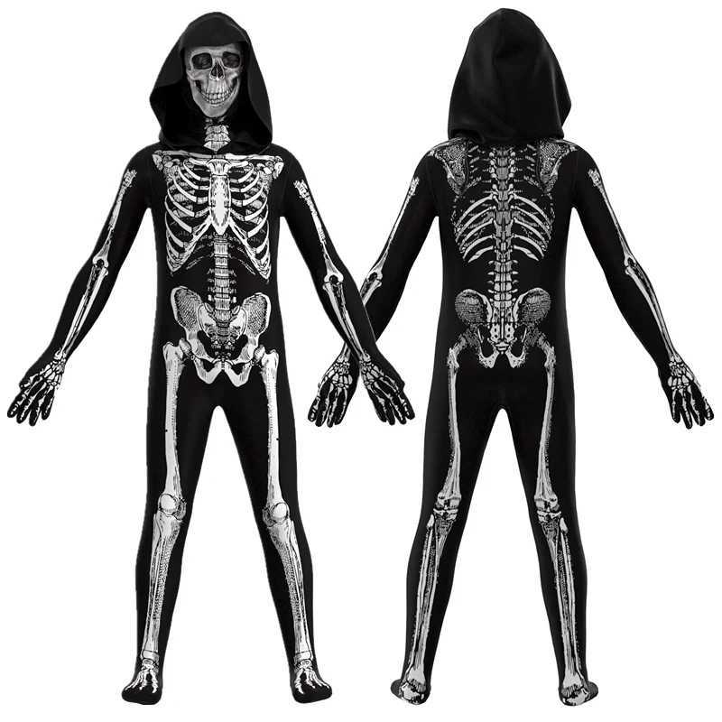 Halloween Skeleton Costume Jumpsuit with Front and Back Skeleton Bone Print for Kid W250117