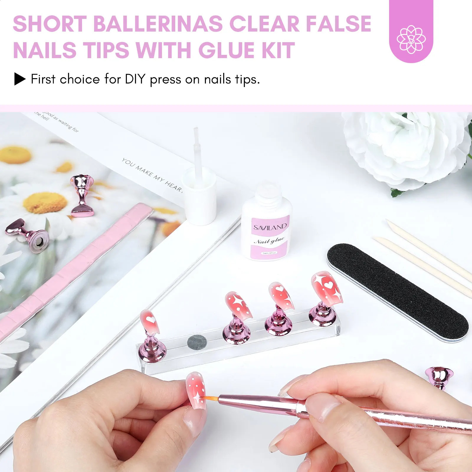 SAVILAND 500pcs Short False Nail Tips with Fast Dry Nail Glue False Nail Tips Gel Polish For Press On Nails Home Nail Art DIY 240914