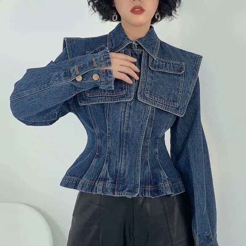 Fashion polo neck denim womens jacket autumn Korean style French retro waist weight loss casual short jacket womens top 240906